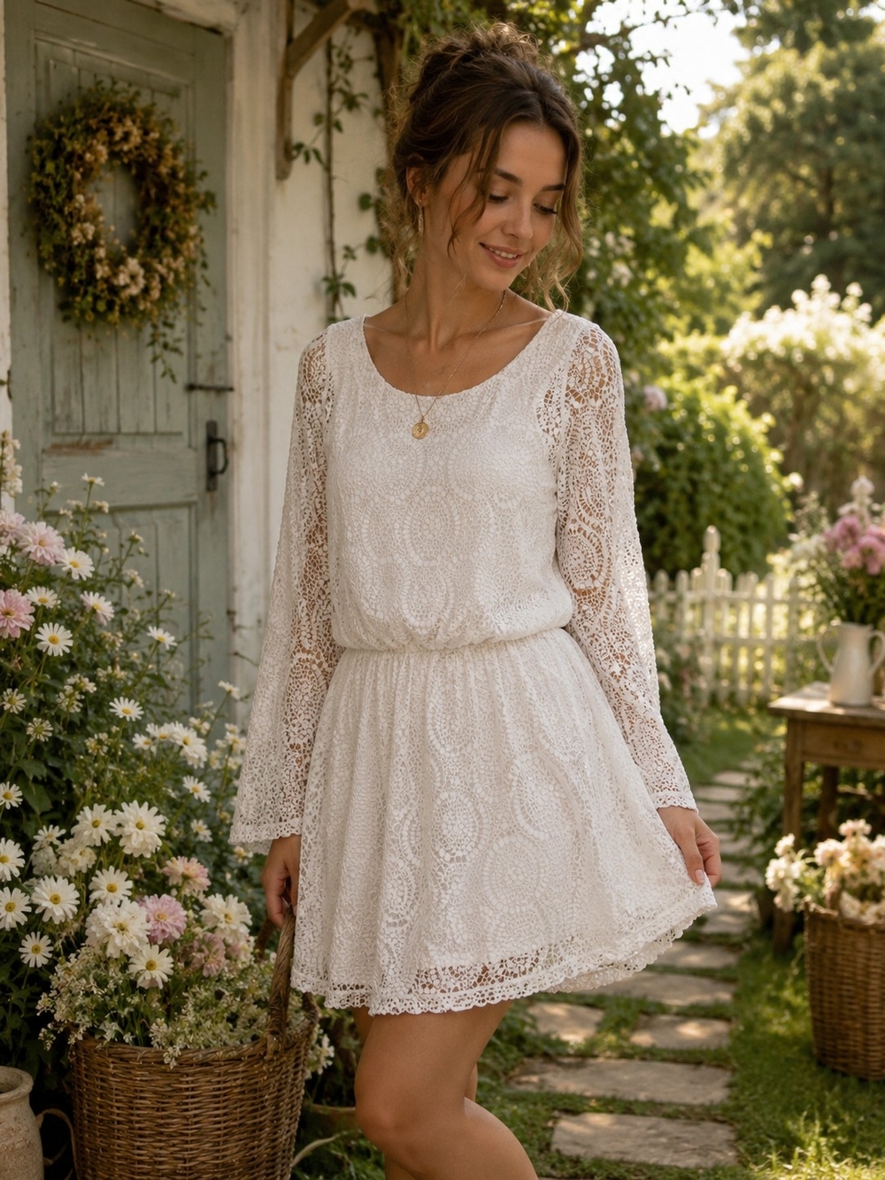 Emma & Michele White Lace Long-Sleeve Mini Dress